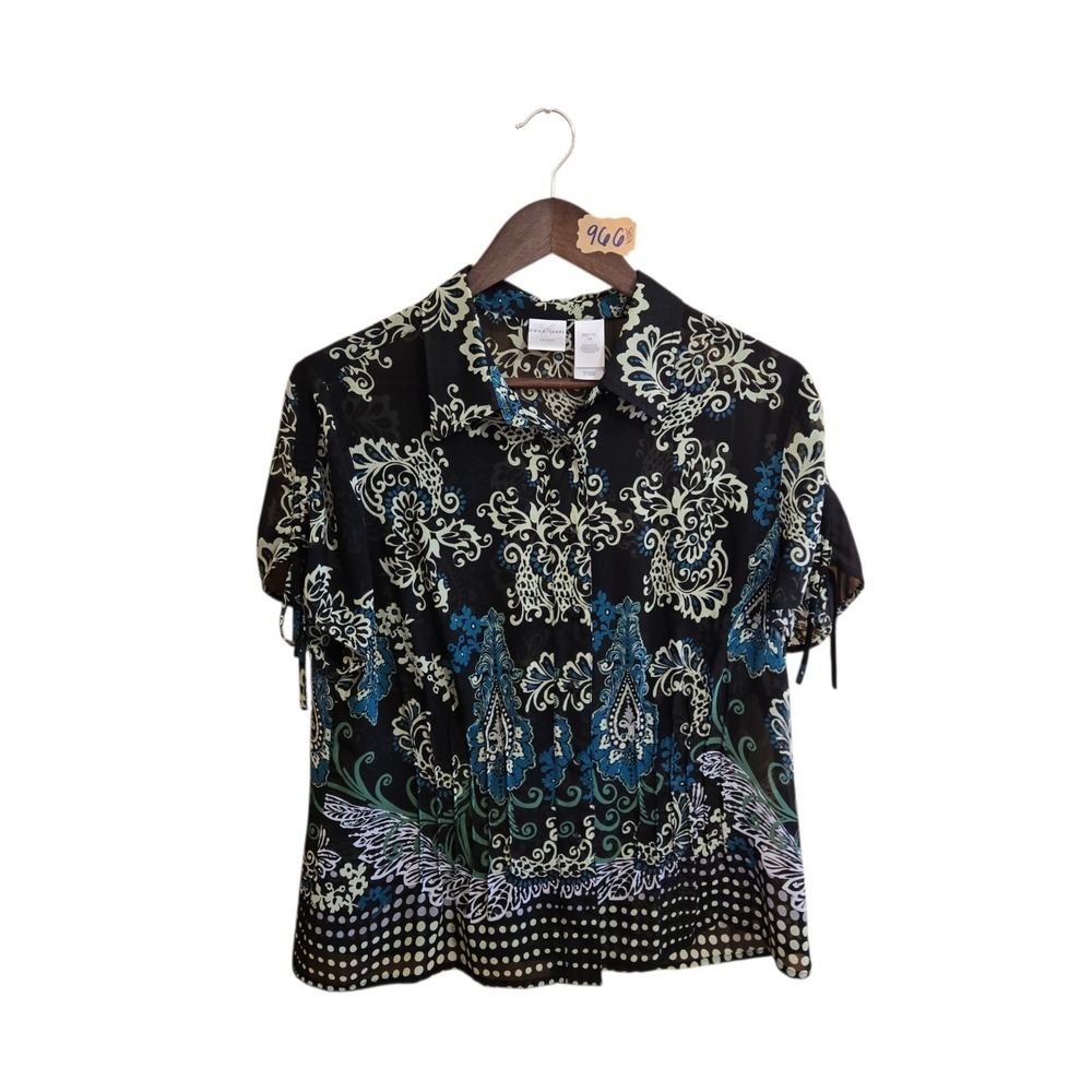 VTG Emma James Women's Sheer Blouse SZ P14‎ Shortsleeve Button Up Black Paisley